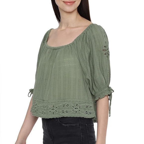 American Eagle Outfitters Sage Olive Green Eyelet Puff Sleeve Blouse - Picture 1 of 6